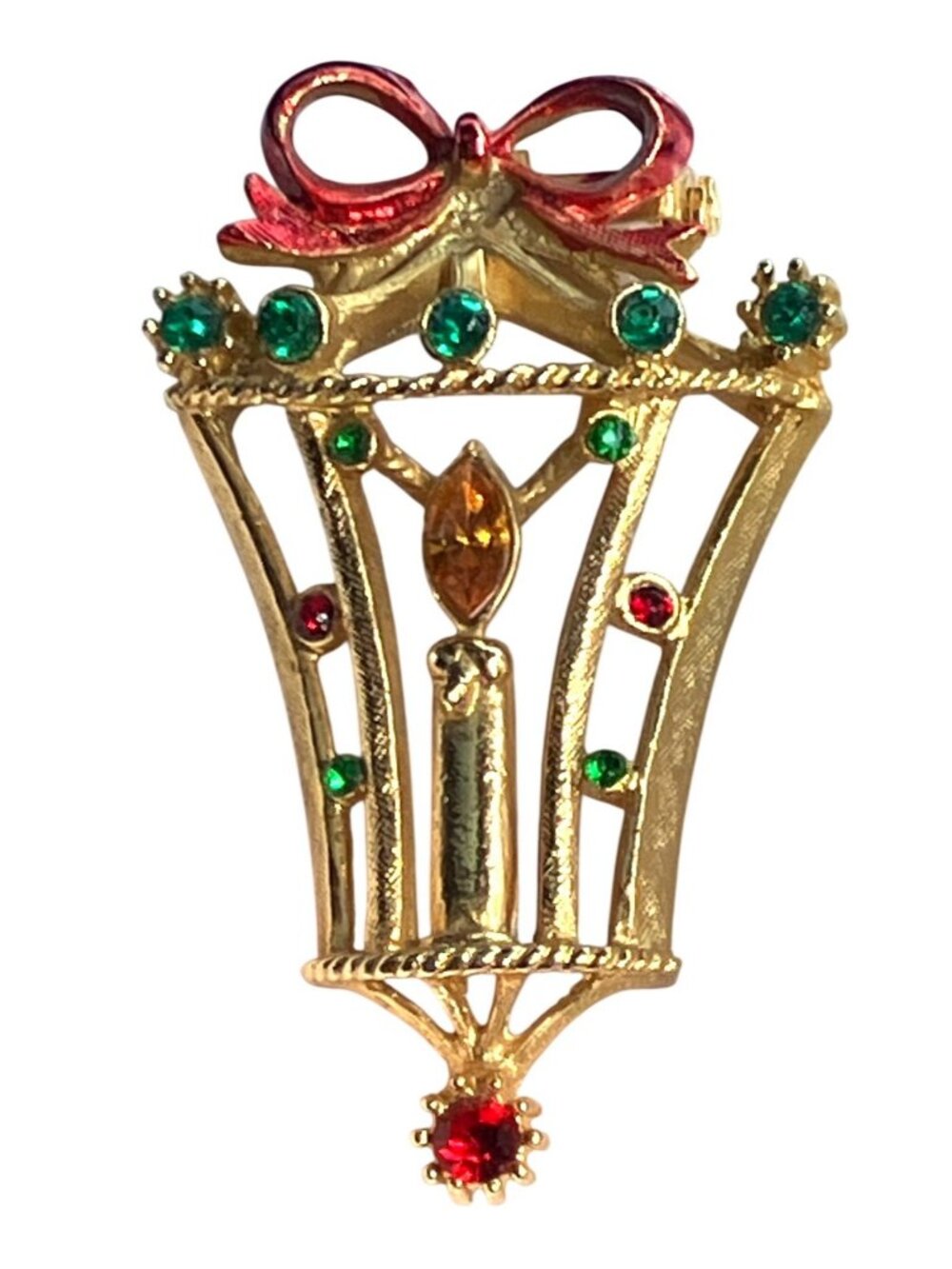 Gold-Tone Christmas Candle Lantern Brooch Pin Signed B.J. Vintage